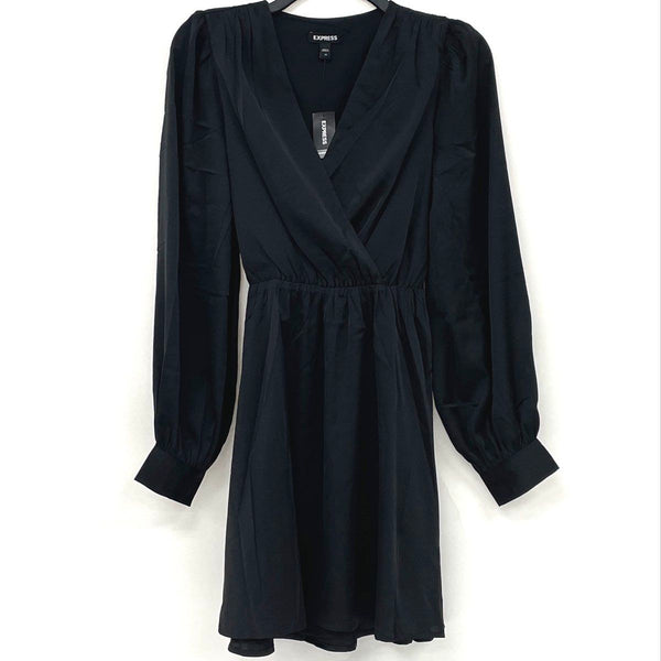 NWT Express Black Satin Waist Tie Long Sleeve Faux Wrap Dress Women’s Sz XS