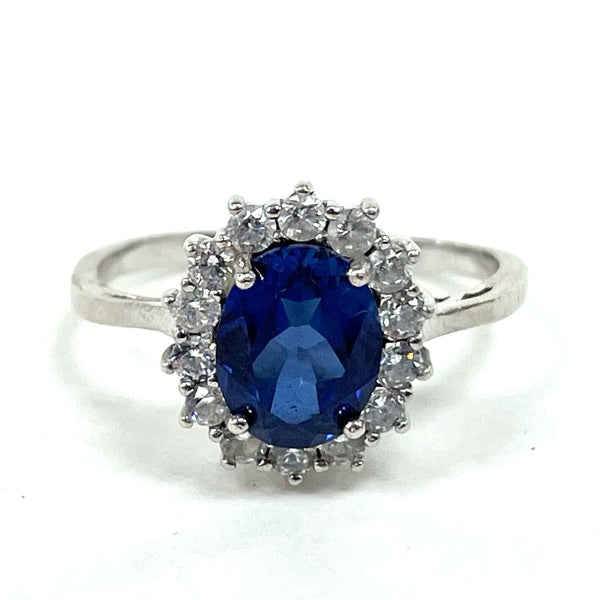 Sterling Silver Blue Sapphire Ring w/ CZ Halo Size 9.25, 3.00g