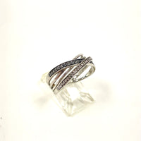 Size 7 Sterling Silver Pave 1mm Black & Clear Diamond Crossing Bands Ring 3.74g
