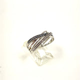 Size 7 Sterling Silver Pave 1mm Black & Clear Diamond Crossing Bands Ring 3.74g