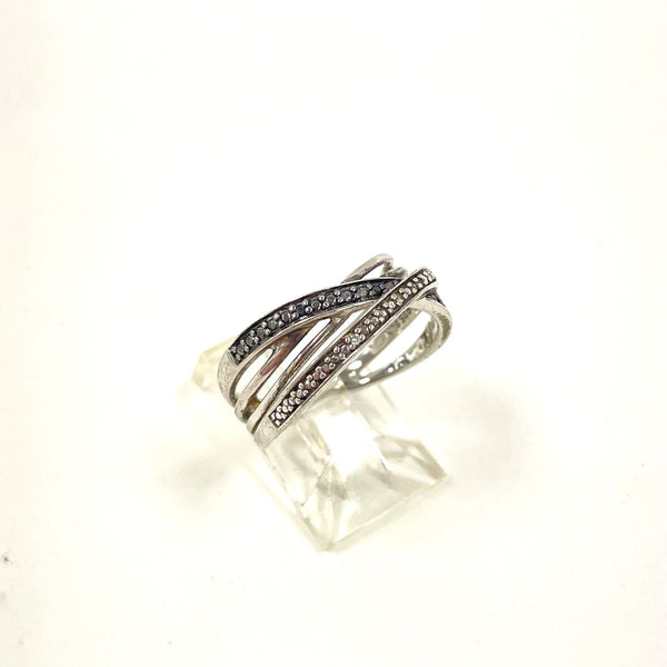 Size 7 Sterling Silver Pave 1mm Black & Clear Diamond Crossing Bands Ring 3.74g