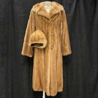 Wmns 60s Vintage Tan Brown Genuine Mink Fur Button Up Long Coat w/ Hat 38" Bust