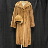 Wmns 60s Vintage Tan Brown Genuine Mink Fur Button Up Long Coat w/ Hat 38" Bust