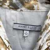 NWT Wmns ANNE KLEIN Silk Blend Tan Gray Textured Cinch Waist Pussy Bow Blouse 16