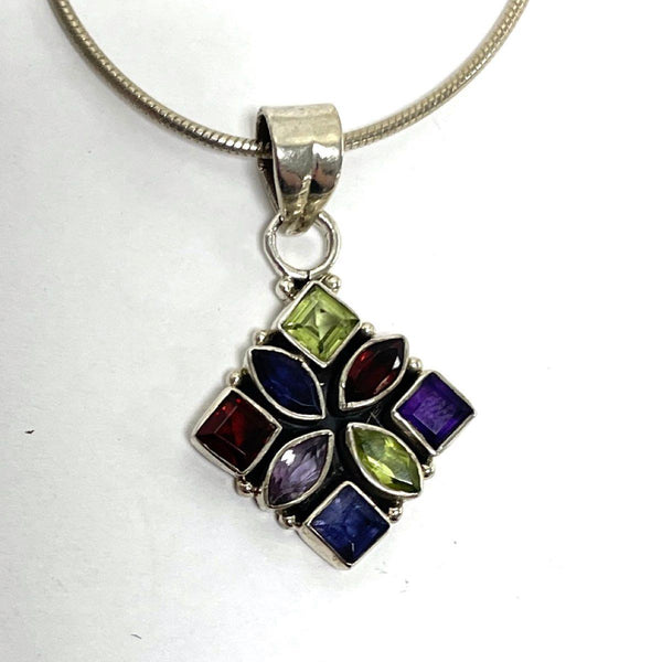 16" Sterling Silver Multi-gemstone Square Pendant Necklace, 8.42g