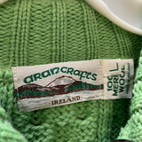 Vintage ARAN CRAFTS Ireland 100% Merino Wool Green Cable Knit Zip Sweater Sz L