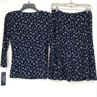 NWT Chaps Navy Blue & White Leaf Pattern Stretch Knit Blouse & Skirt Womens Sz M