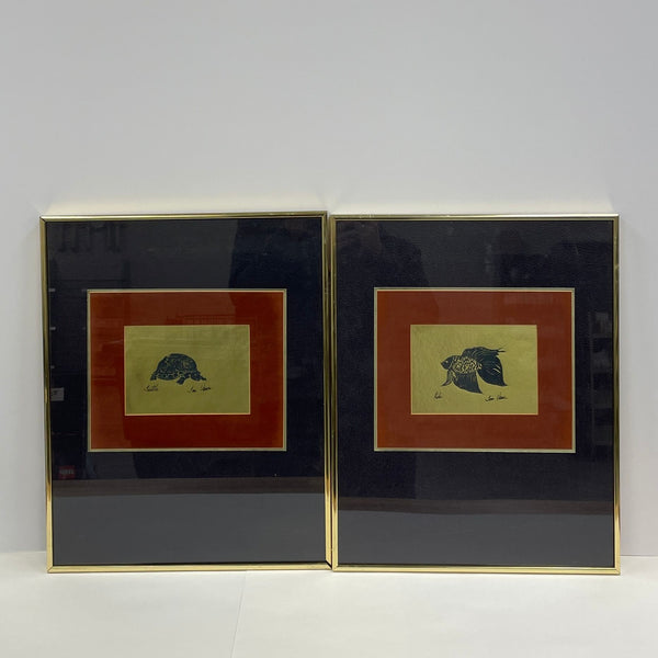 Jim Vance Print Art on Foil Pair in Large 16 x 20 Metal Frames - Turtle, Fish