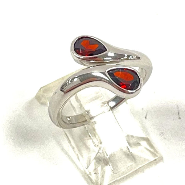 Size 7 Sterling Silver Facetted Double Garnet Teardrop Bypass Ring 2.95 grams