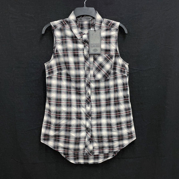NWT Wmns HARLEY DAVIDSON Black White Plaid HDMC Sleeveless Button Up Shirt Sz S