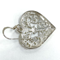 925 Sterling Silver Filigree Open Work Heart Dangle Earrings