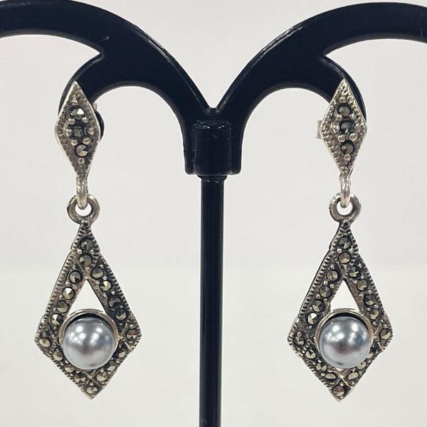 Sterling Silver Vintage-Style Grey Faux Pearl & Marcasite Dangle Earrings, 4.13g