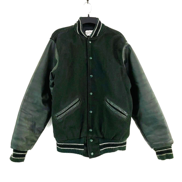 Mens 80s Vintage RIPON Dark Green Leather Wool Letterman Varsity Jacket Sz M