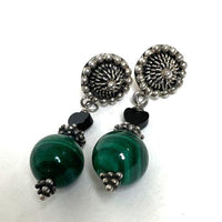 Sterling Silver Dangle Earrings w/ Malachite & Onyx Bead Accents, 13.48g