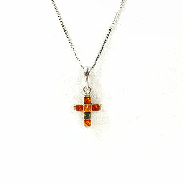 Sterling Silver 17.75" Mixed-Color Amber Cross Pendant With Chain, 4.2g