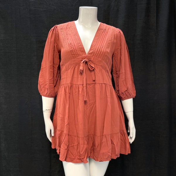 NWT Wmns BALTIC BORN Dark Salmon Half Puff Sleeve Tiered Short Mini Dress Sz L