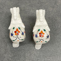 Carved White Marble Elephants & Votive Holders w Inlays