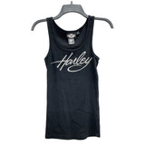 Wmns Y2k HARLEY DAVIDSON Black Ribbed Rhinestone Cursive Logo Tank Top Sz M