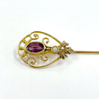 Vintage 10K Yellow Gold Stick Pin w Purple Glass Gem & Seed Pearl, 0.94g