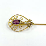 Vintage 10K Yellow Gold Stick Pin w Purple Glass Gem & Seed Pearl, 0.94g