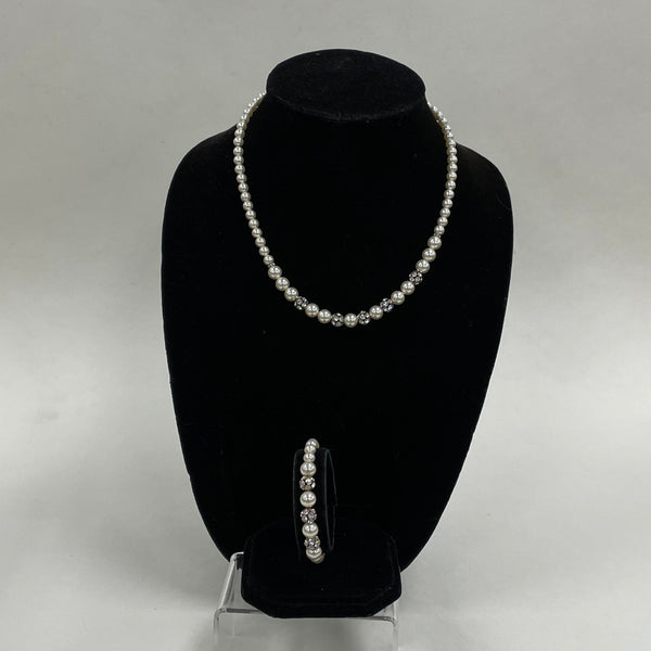 925 Sterling Silver Pearl And Crystal Necklace And Bracelet Set