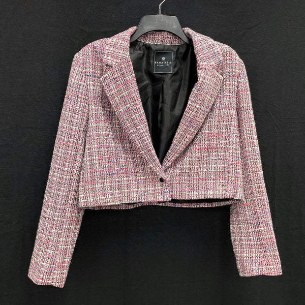 Wmns BAGATELLE Collection Wool Blend Pink Tweed Crop Cropped Blazer Jacket Sz L