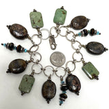 8" Sterling Silver Toggle Bronzite & Green Jasper Dangle Bracelet, 58.23g