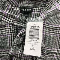 NWT Wmns TORRID Purple Black Plaid Pussy Bow Long Puff Sleeve Satin Blouse Sz 1X