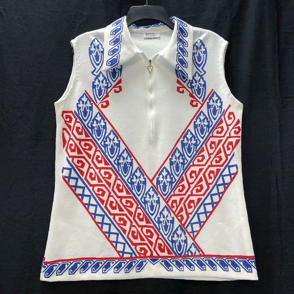 Wmns 70s Vintage MONTGOMERY WARD Funky Dagger Collar Red White Blue Top Sz M