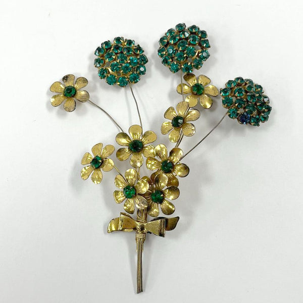 Vintage Gold over Sterling Vermeil Green Rhinestone Floral Brooch, 22.07g