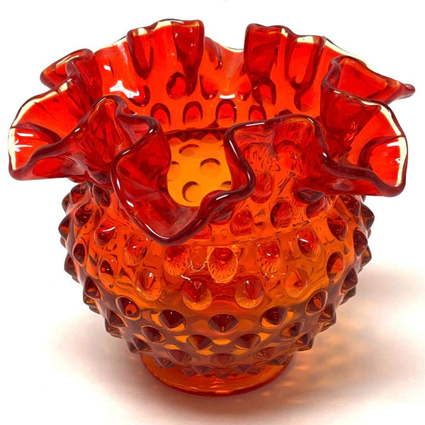 Fenton Red Orange Small Textured Scalloped Edge Glass Vase