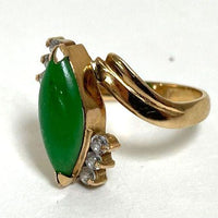 14K Yellow Gold Green Jade & Cubic Zirconia Accent Ring Size 5.25, 2.36g