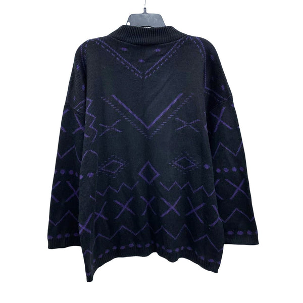 Wmns 90s Vintage HEADLINERS Black Purple Funky Pattern Knit Pullover Sweater 52"