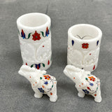 Carved White Marble Elephants & Votive Holders w Inlays