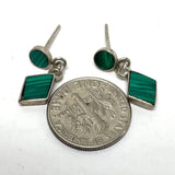 925 Sterling Silver Dainty Asymmetric Malachite Dangle Earrings 1.27 Grams