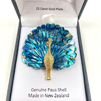 Ariki 22K Gold-Plate Peacock Pin With Carved Paua Shell Tail From New Zealand