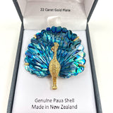 Ariki 22K Gold-Plate Peacock Pin With Carved Paua Shell Tail From New Zealand