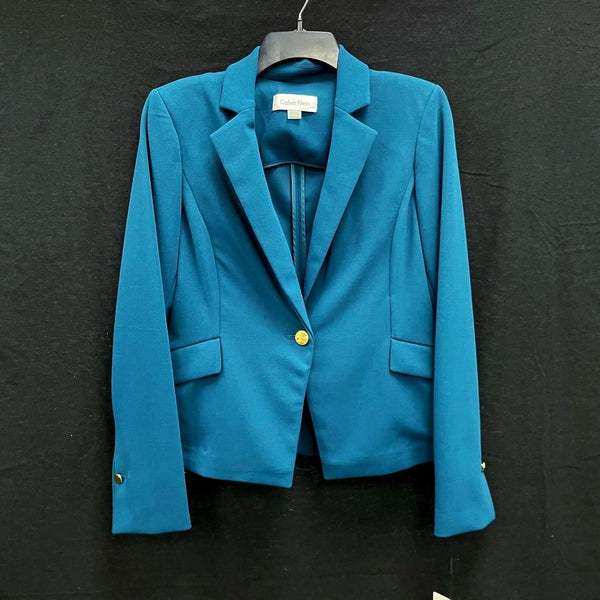 NWT Wmns CALVIN KLEIN Teal Blue Single Button Lapel Blazer Jacket Sz 8P MSRP$129