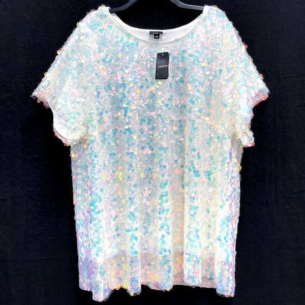NWT Women's TORRID Funky White Holographic Sequin Short Sleeve Party Shirt Sz 3X