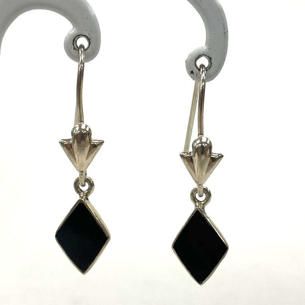 Sterling Silver Diamond Shape Inlaid Black Onyx Dangle Earrings, 1.76g