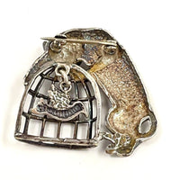Vintage Jezlaine Sterling Silver Cat & Bird in Cage Pin/Brooch, 10.4g