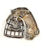 Vintage Jezlaine Sterling Silver Cat & Bird in Cage Pin/Brooch, 10.4g