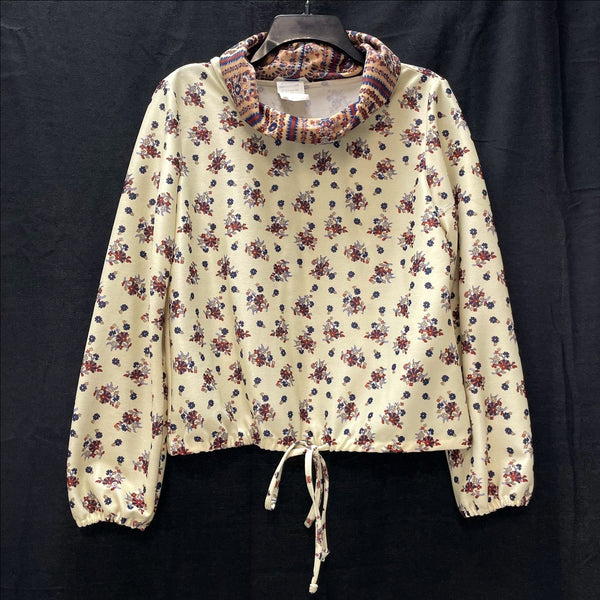 Wmns 70s Vintage Cream Floral Cowl Neck Boho Hippie Long Puff Sleeve Top Sz 16