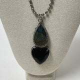 Large Silver Tone Labradorite And Black Onyx Pendant With 21" Chain 61.38 Grams