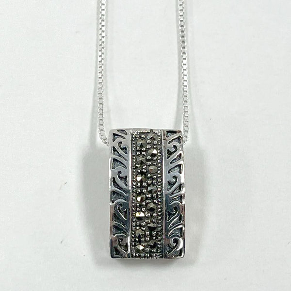 18" Sterling Silver Swirl Design Marcasite Accented Pendant Necklace, 5.09g