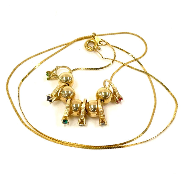 14K Yellow Gold 18" CZ Birthstone Ring Charm Necklace w Bead Spacers, 2.84g