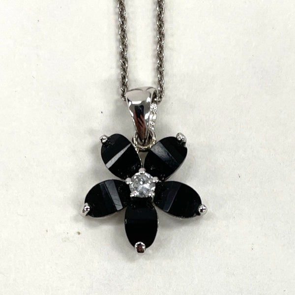 925 Sterling Silver Black Tourmaline W/CZ Flower Pendant 2.6g