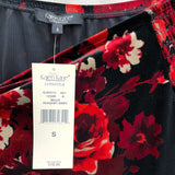 NWT Wmns KAREN KANE Black & Red Rose Floral Velvet Smocked Long Sleeve Top Sz S