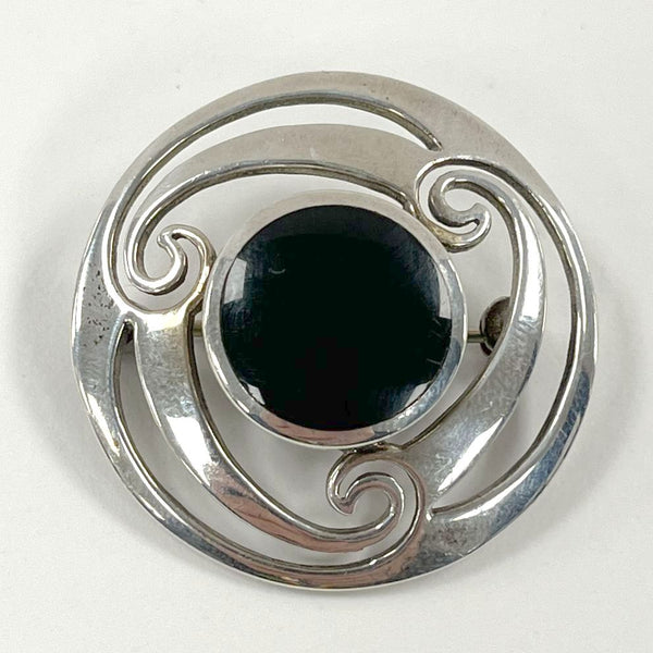 Sterling Silver Celtic Style Brooch with Black Onyx - 8.81g