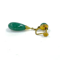 Vintage 14K Yellow Gold & Green Aventurine Screwback Style Drop Earrings 1.75"